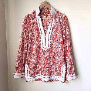 Tory Burch Coral and White Printed Tunic Blouse